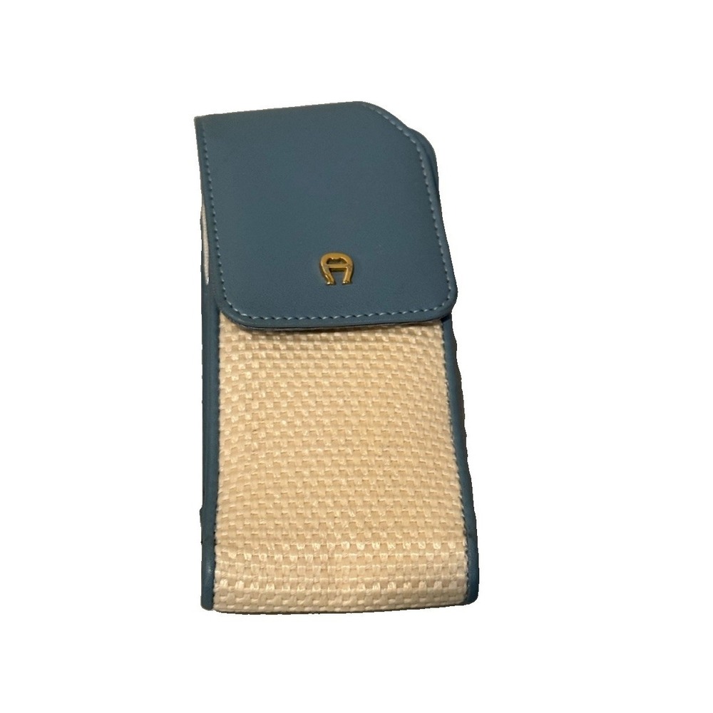 Aigner Blue Leather Straw Raffia Phone Sleeve Wrap Case Protective Pouch
